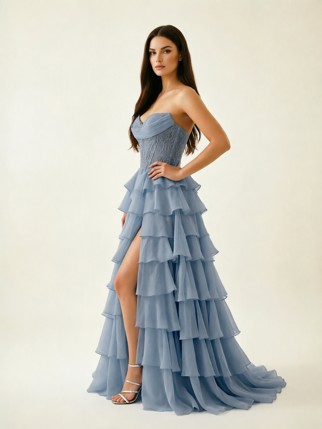 Strapless Lace Corset Tiered High Slit Prom Dress
