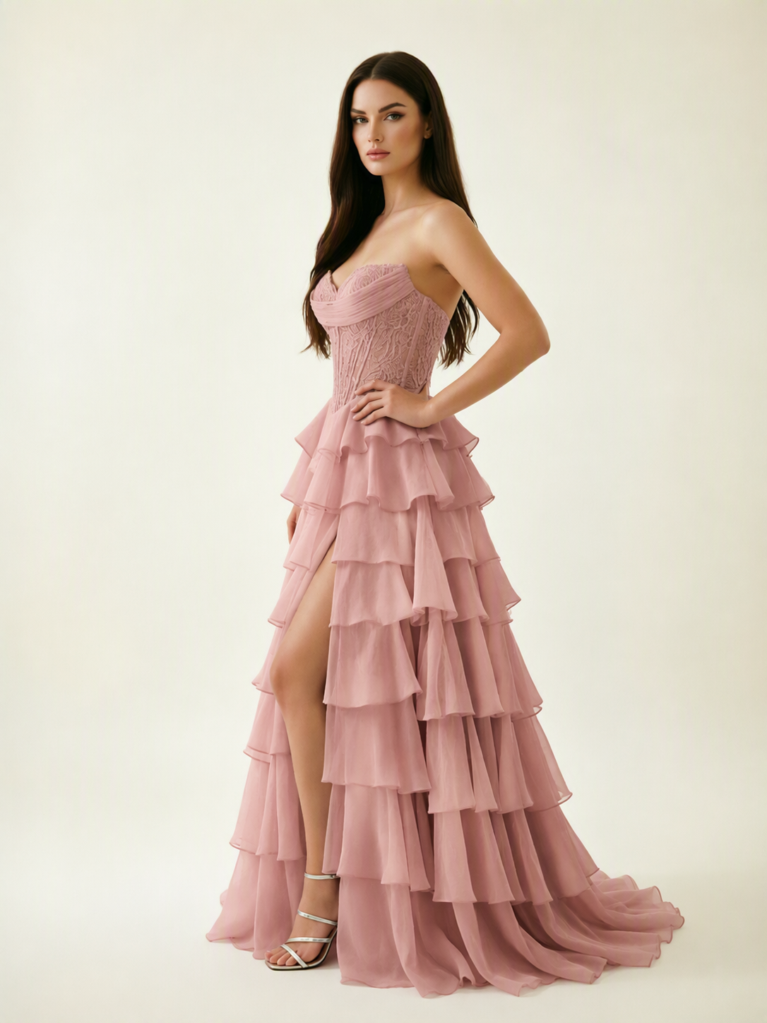 Strapless Lace Corset Tiered High Slit Prom Dress