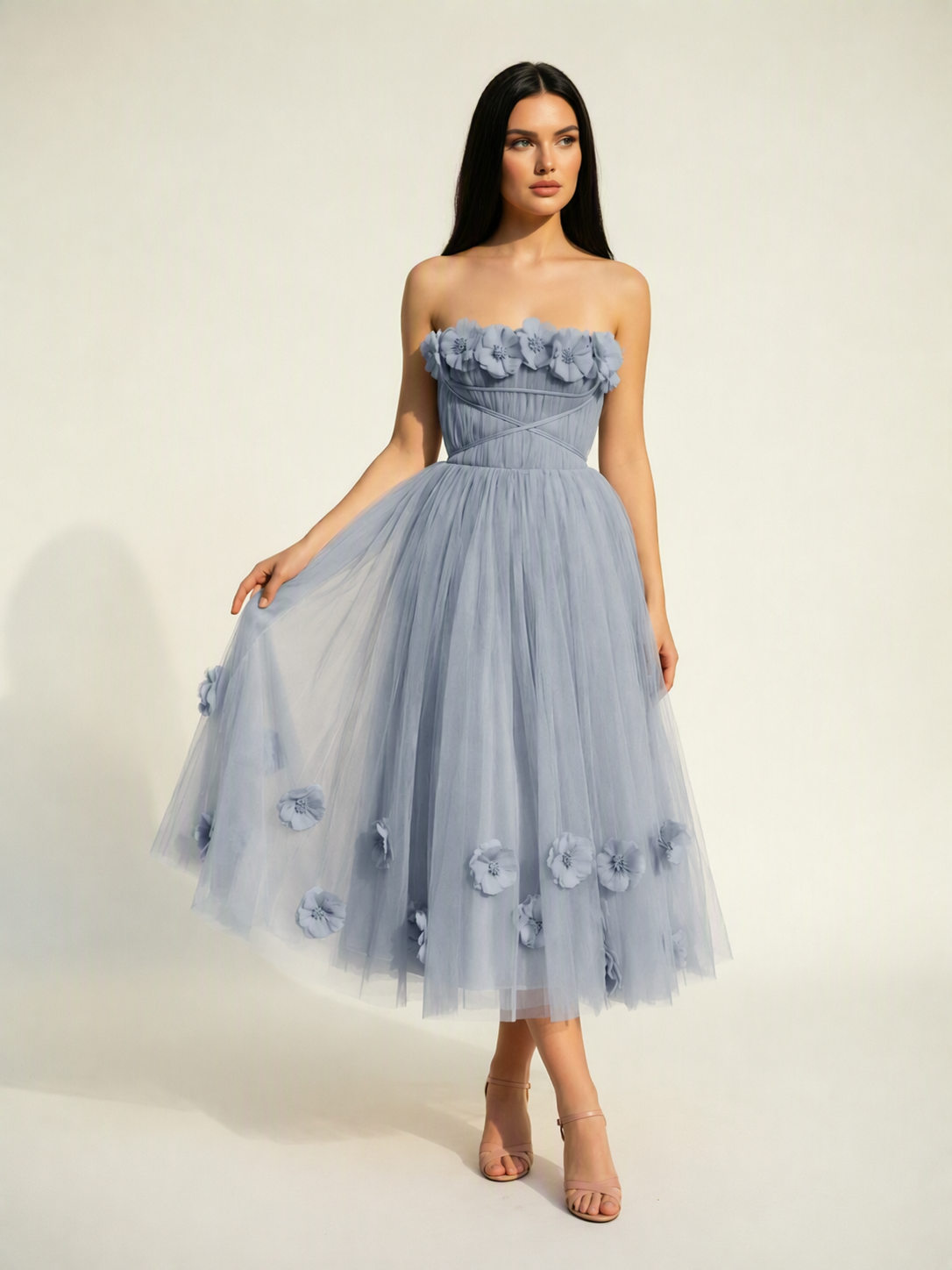 Strapless Tulle Midi Dress with 3D Floral Appliqués, Lace-Up Corset Back