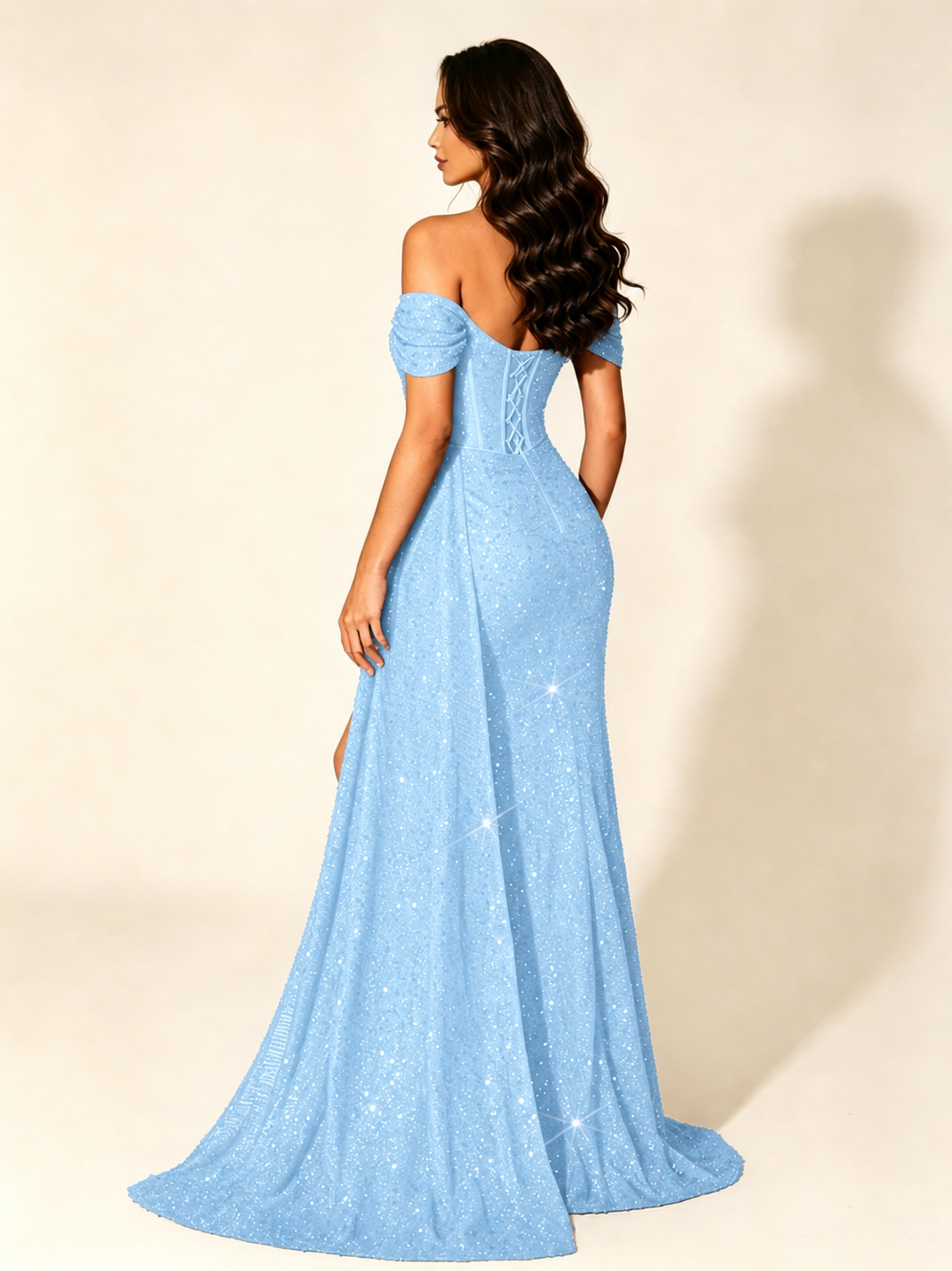 Off Shoulder Sequin High Slit Formal Dress with Train