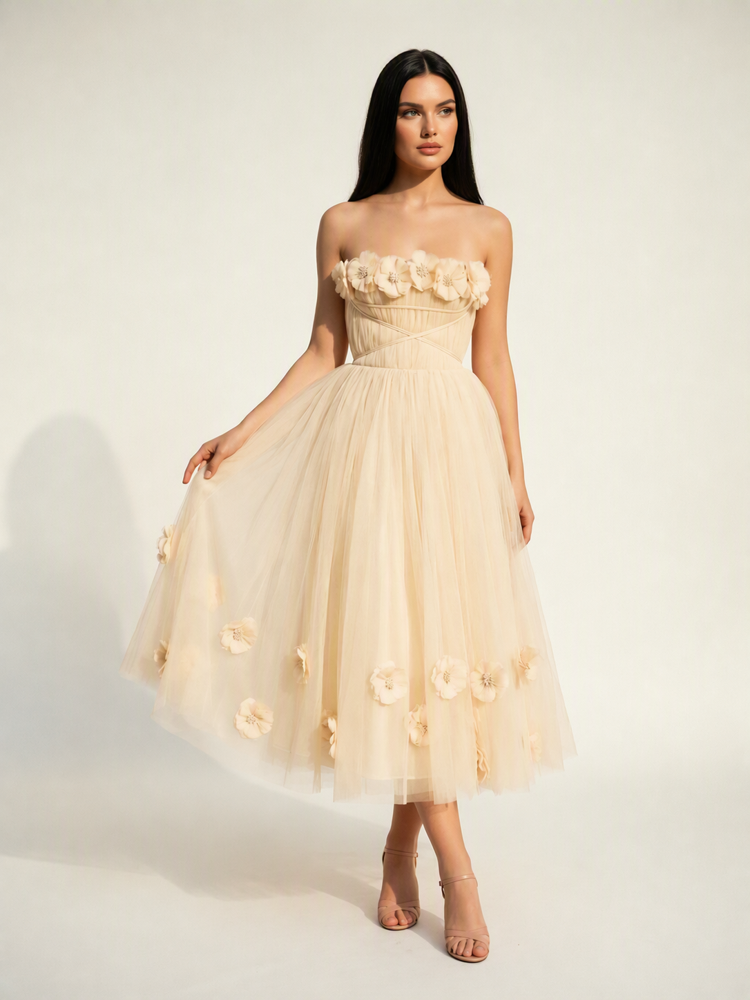 Strapless Tulle Midi Dress with 3D Floral Appliqués, Lace-Up Corset Back