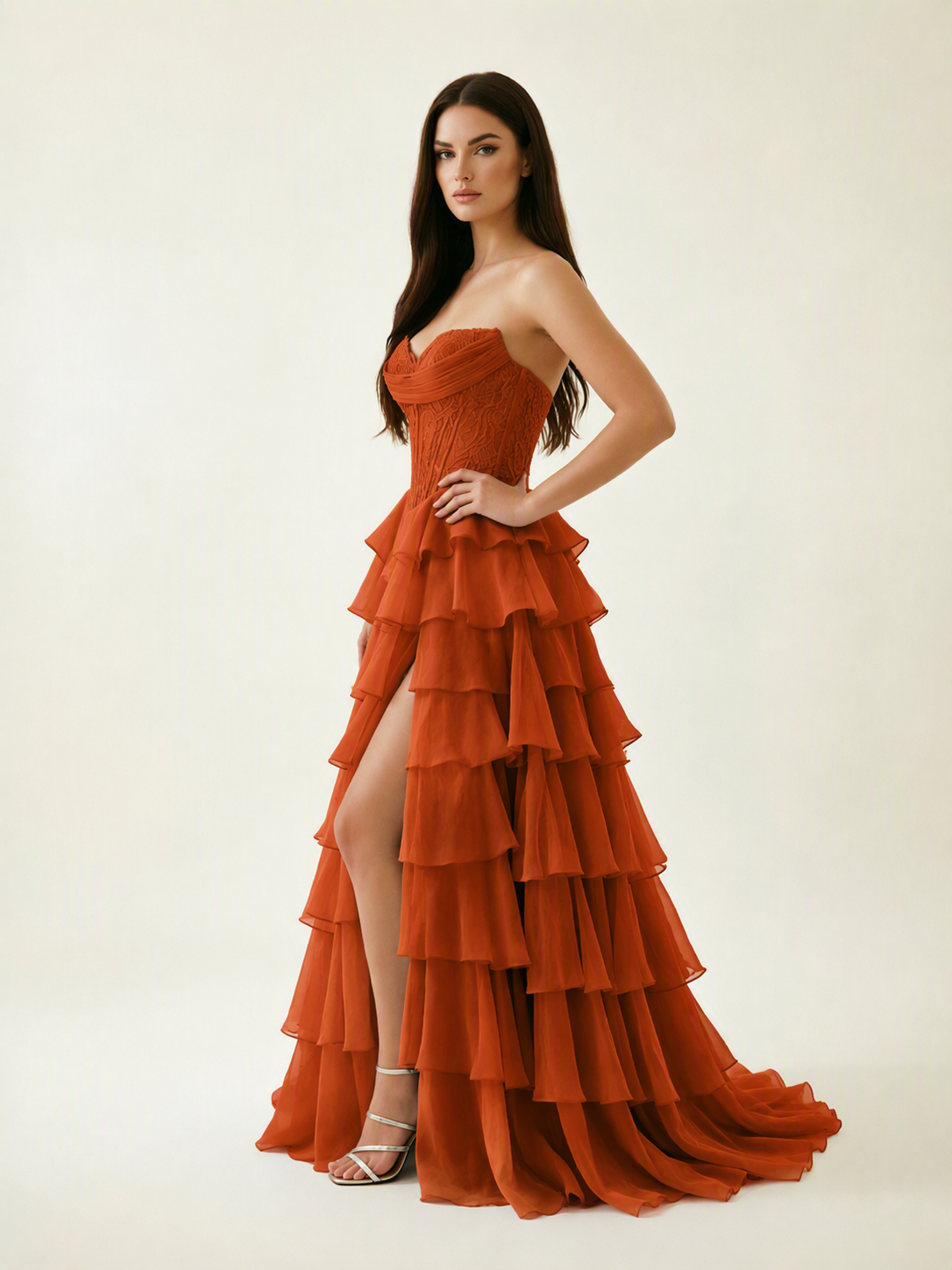 Strapless Lace Corset Tiered High Slit Prom Dress