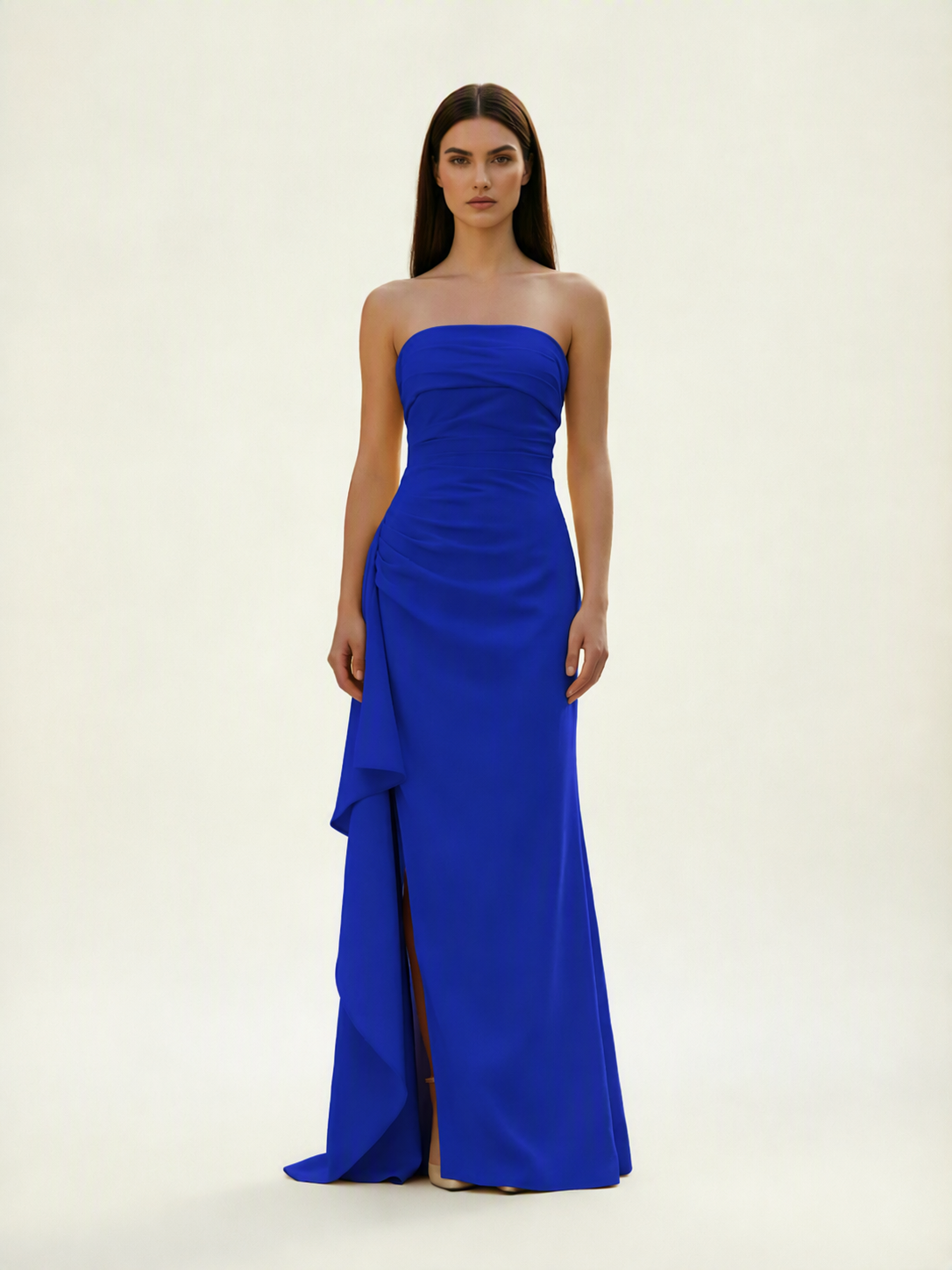 Strapless Mermaid Formal Gown with Side Slit & Draped Detail