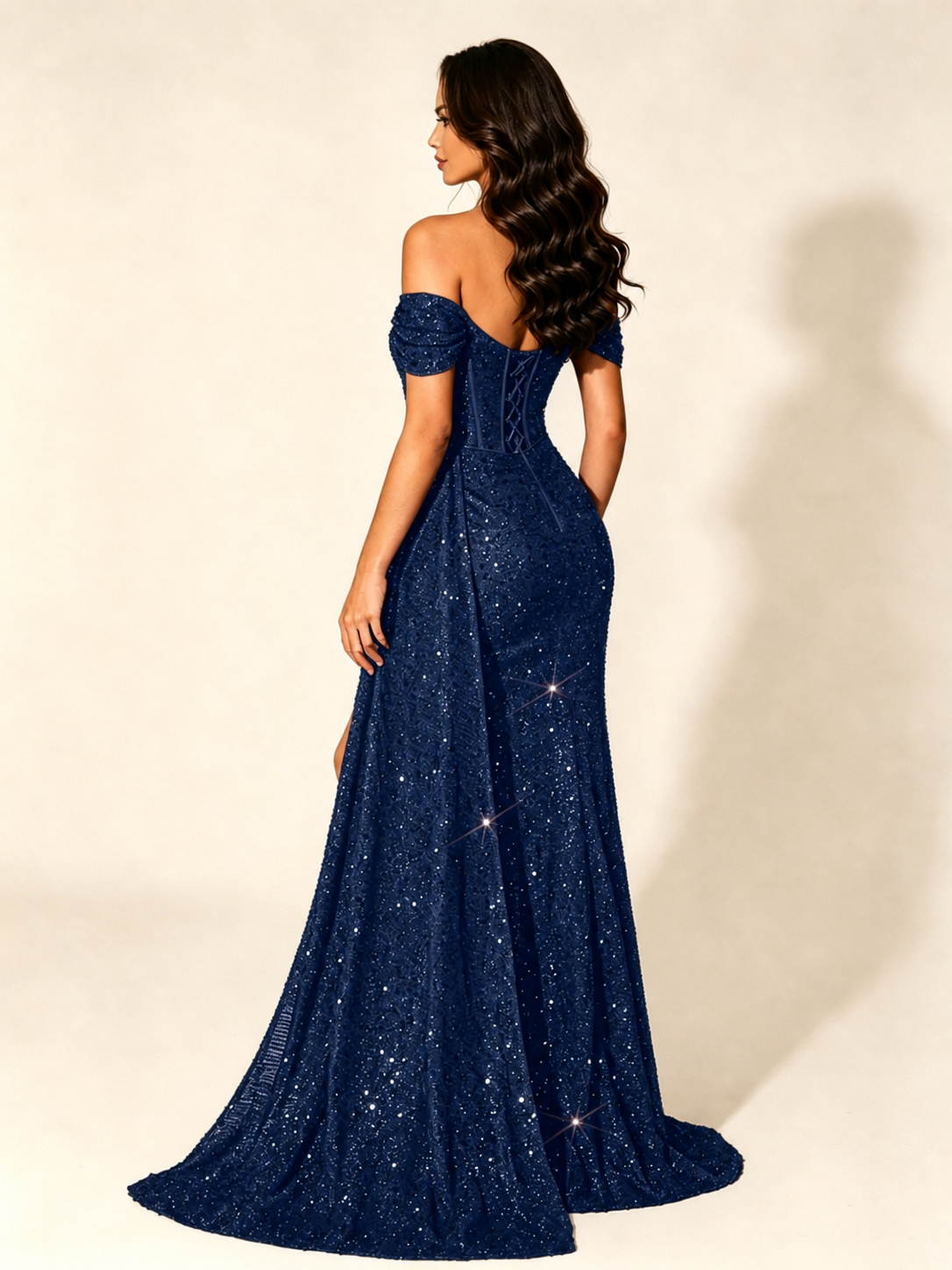 Off Shoulder Sequin High Slit Formal Dress with Train