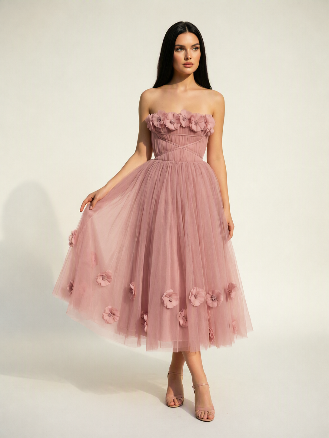 Strapless Tulle Midi Dress with 3D Floral Appliqués, Lace-Up Corset Back