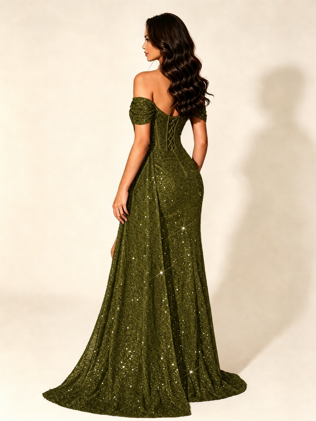 Off Shoulder Sequin High Slit Formal Dress with Train