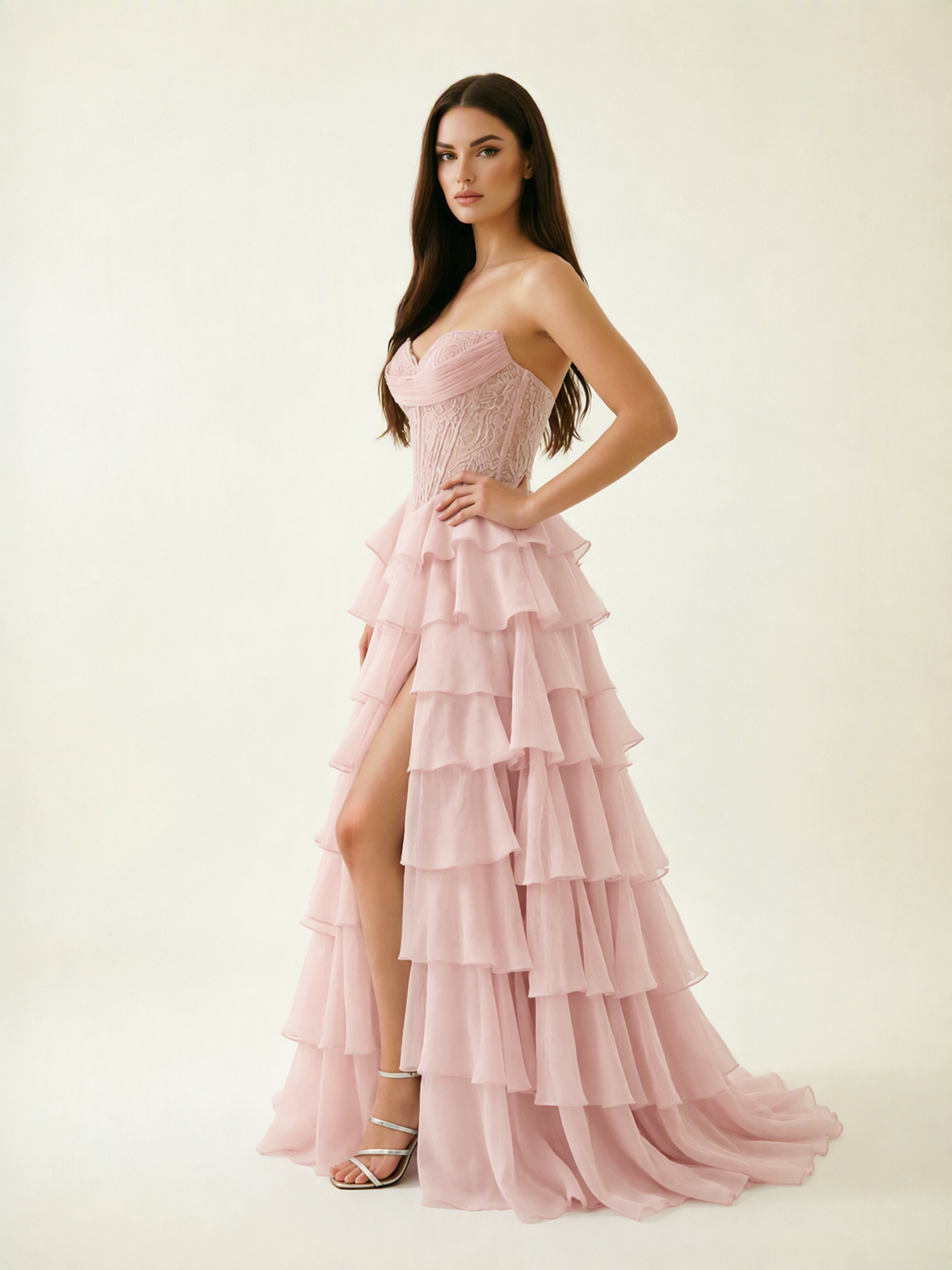 Strapless Lace Corset Tiered High Slit Prom Dress