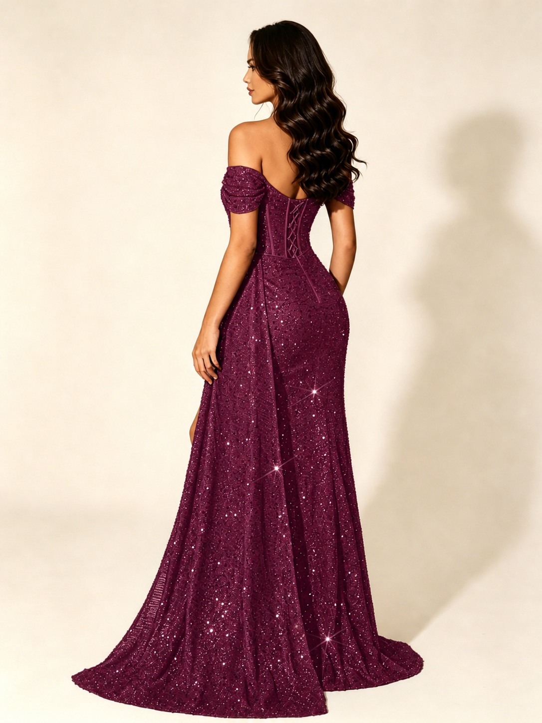 Off Shoulder Sequin High Slit Formal Dress with Train