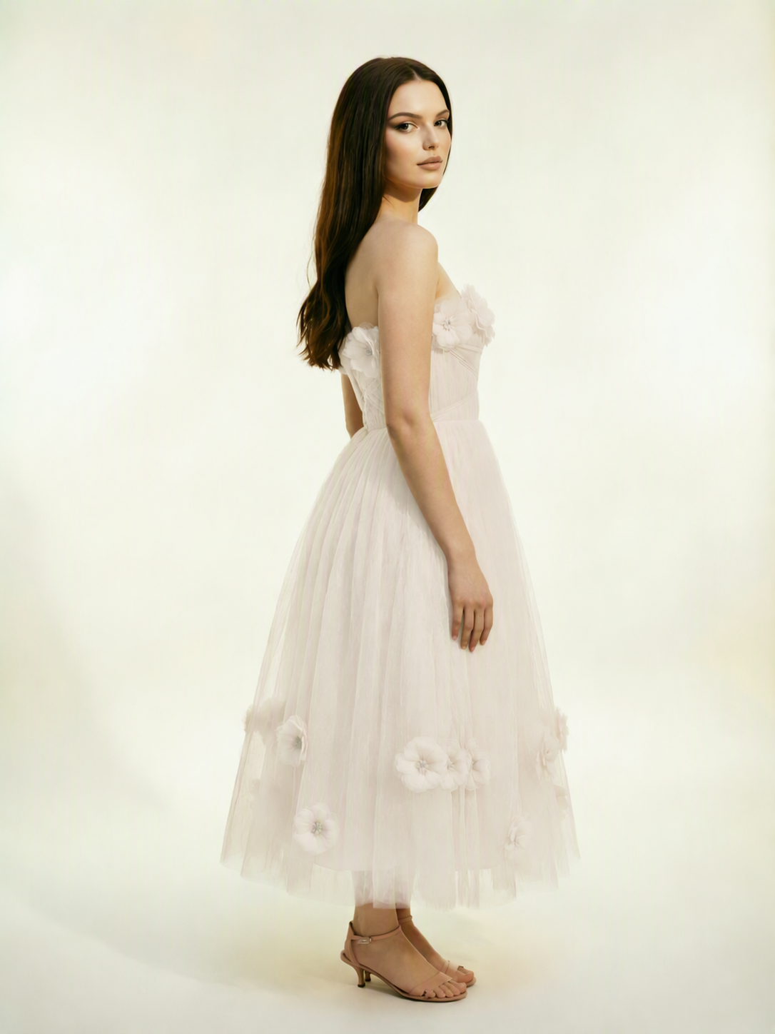 Strapless Tulle Midi Dress with 3D Floral Appliqués, Lace-Up Corset Back