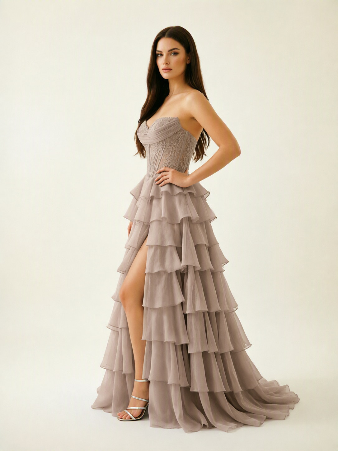 Strapless Lace Corset Tiered High Slit Prom Dress