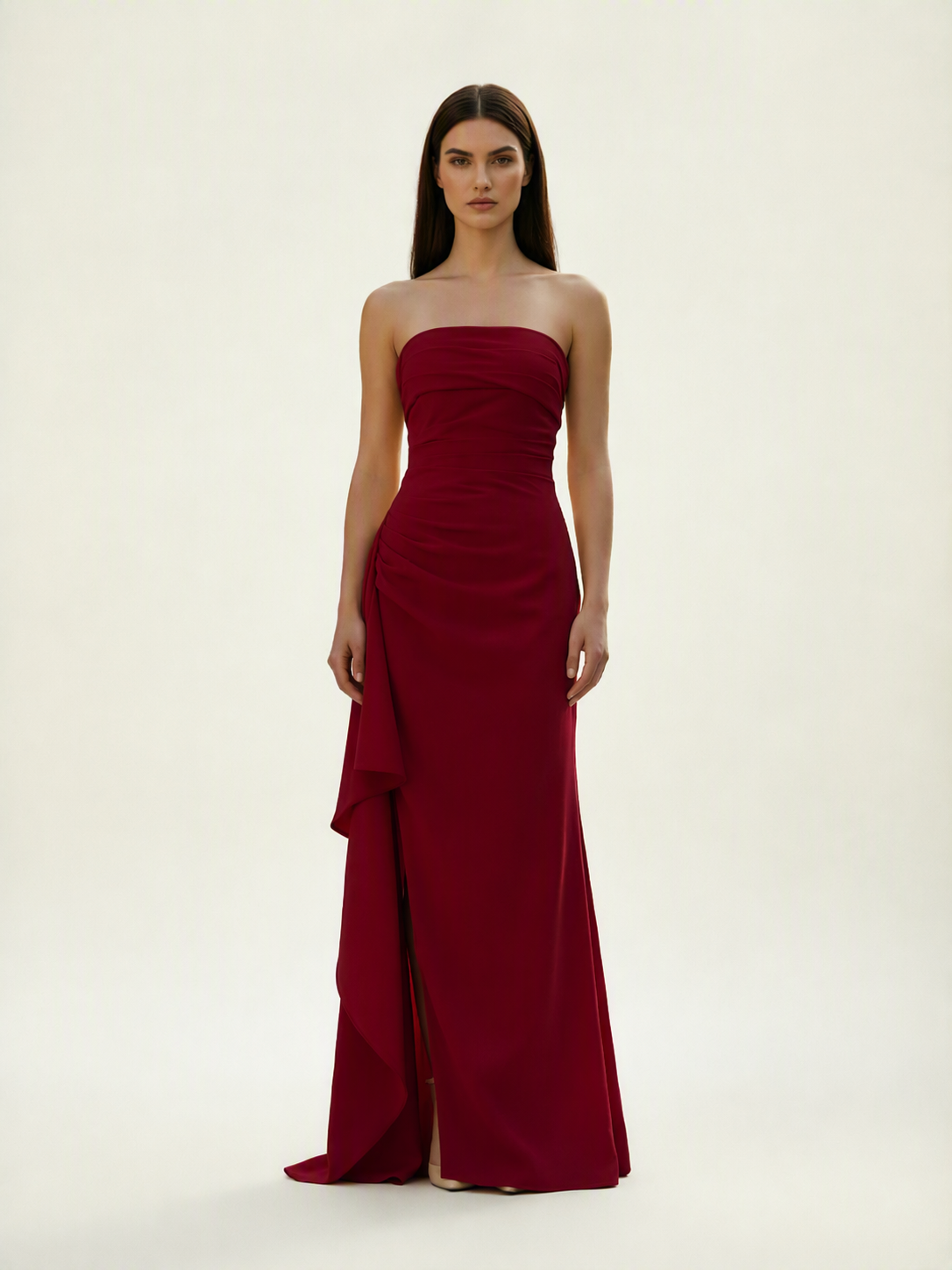 Strapless Mermaid Formal Gown with Side Slit & Draped Detail