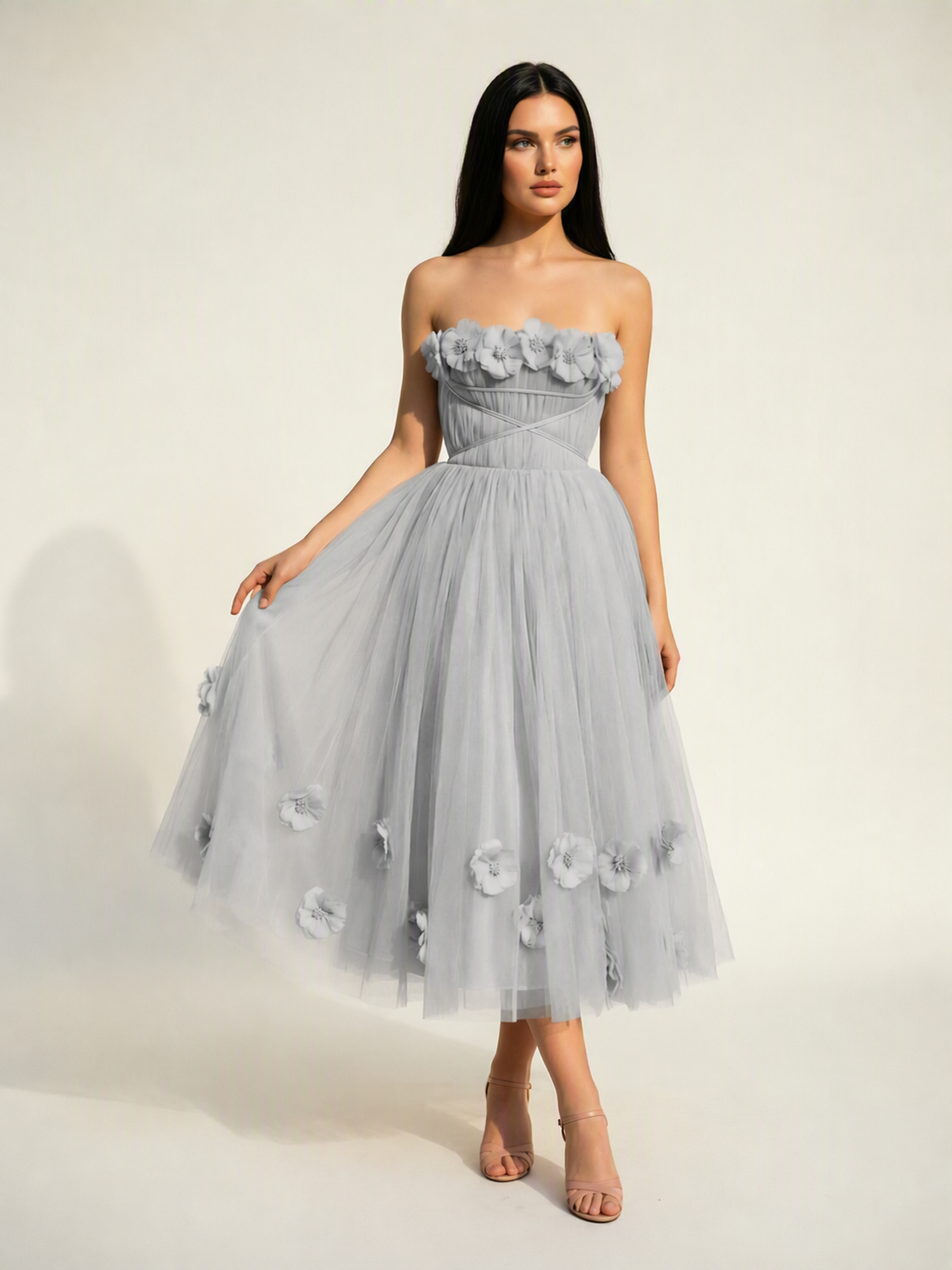 Strapless Tulle Midi Dress with 3D Floral Appliqués, Lace-Up Corset Back