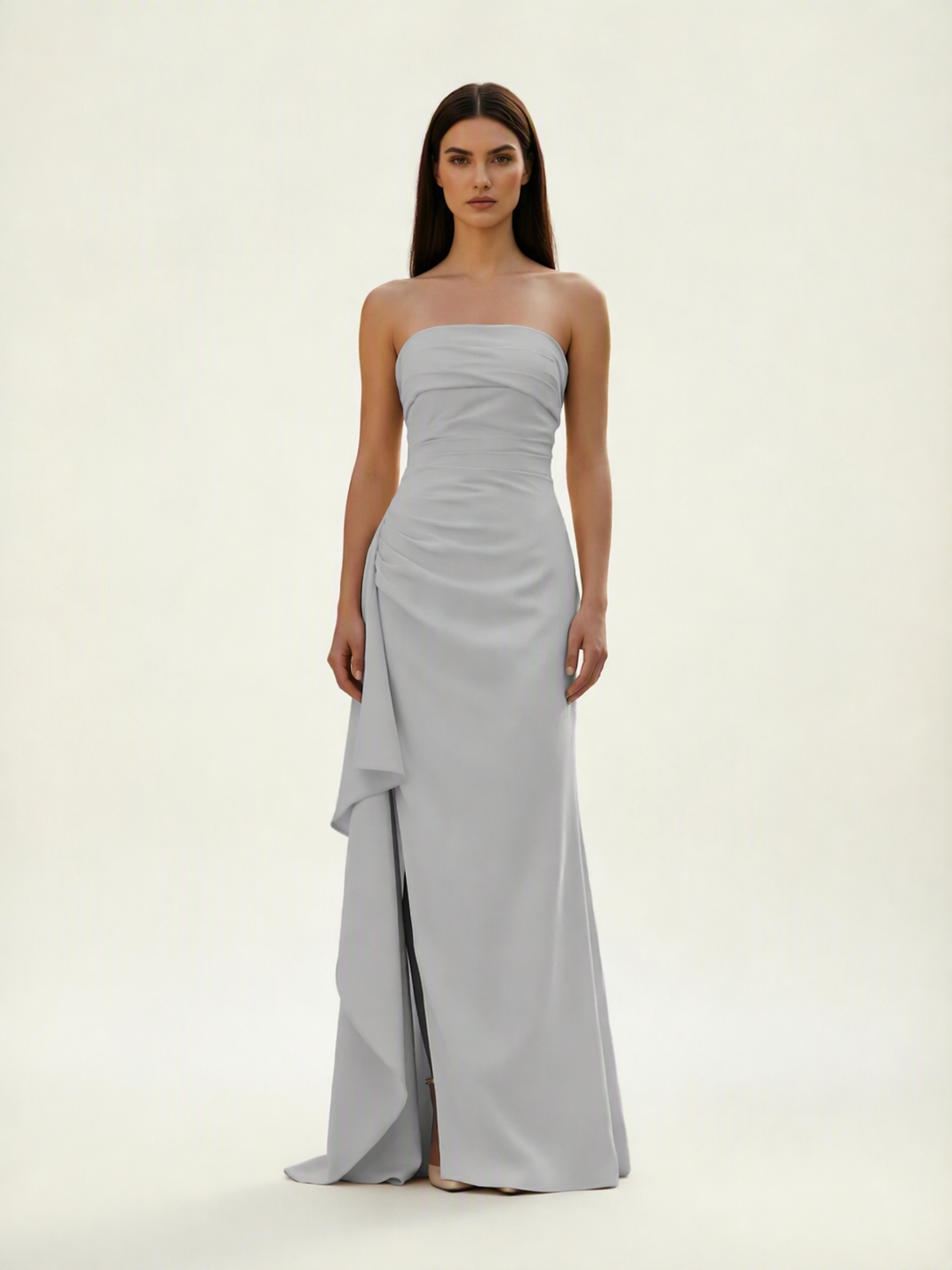 Strapless Mermaid Formal Gown with Side Slit & Draped Detail