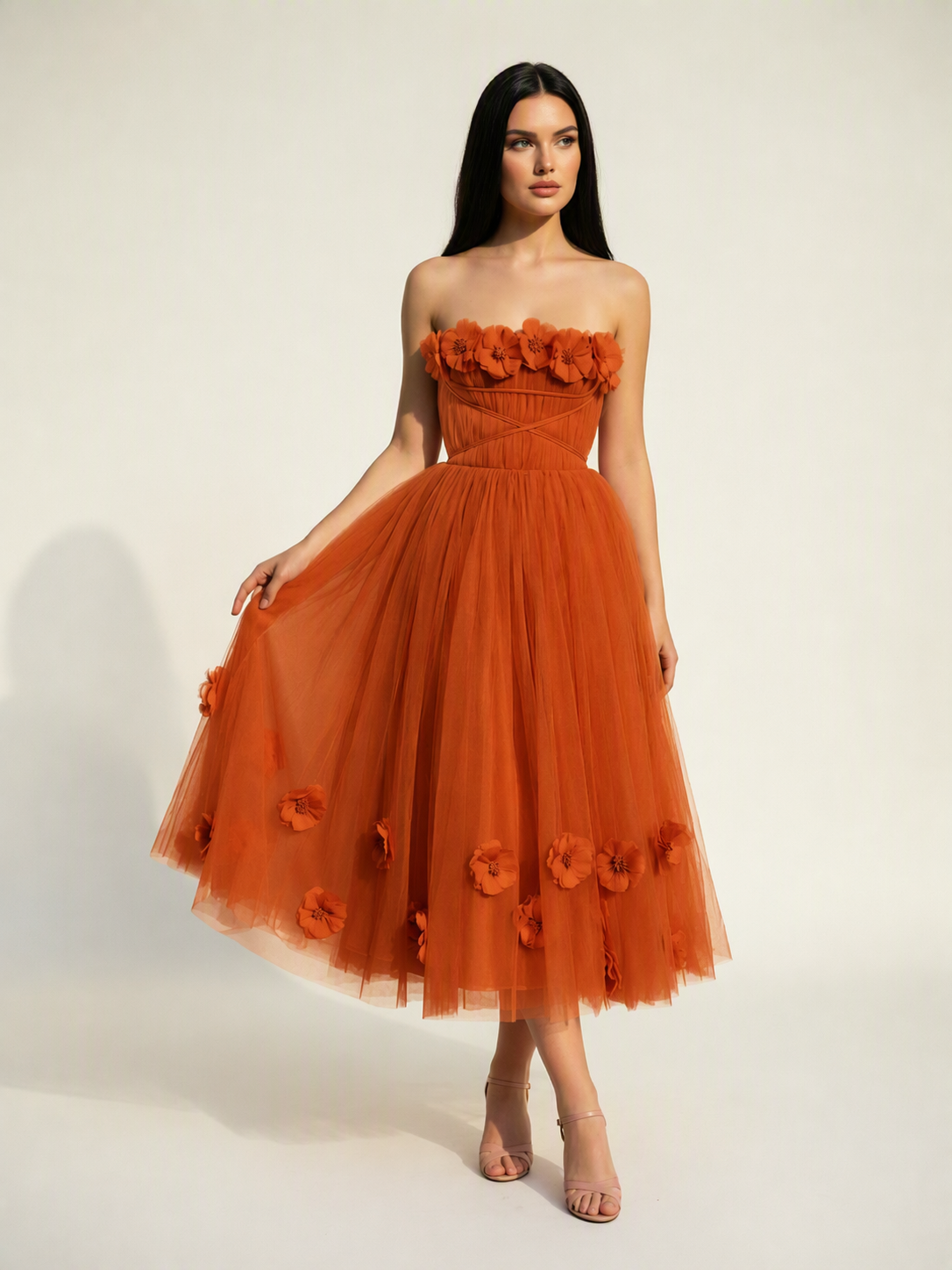 Strapless Tulle Midi Dress with 3D Floral Appliqués, Lace-Up Corset Back