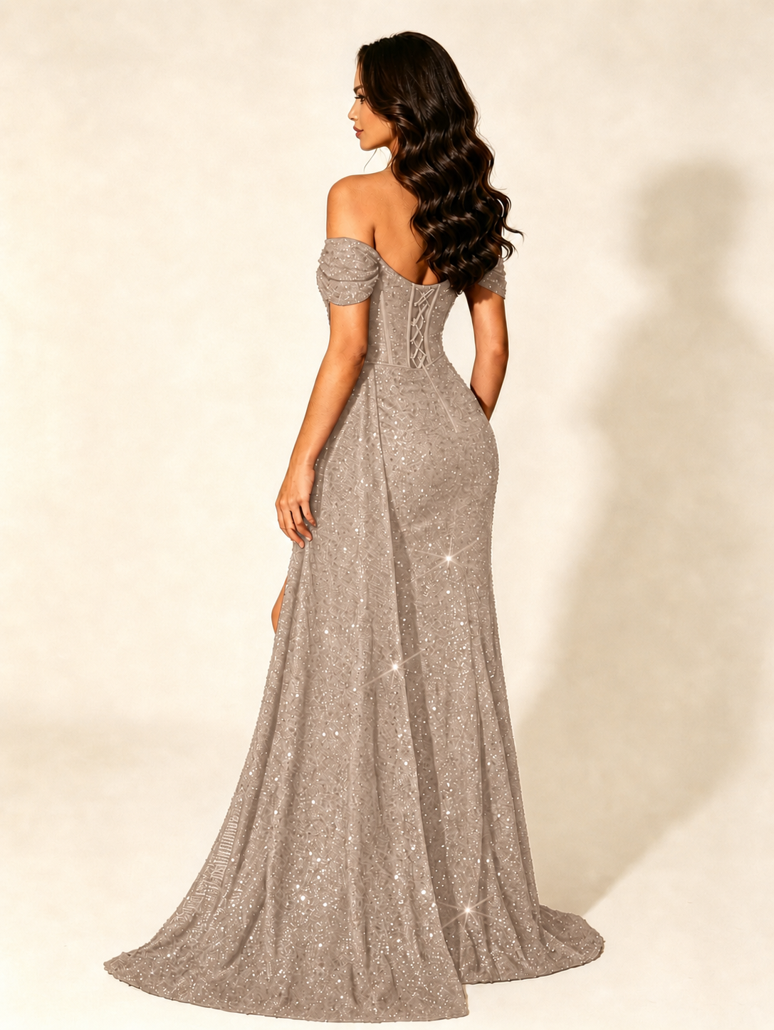 Off Shoulder Sequin High Slit Formal Dress with Train
