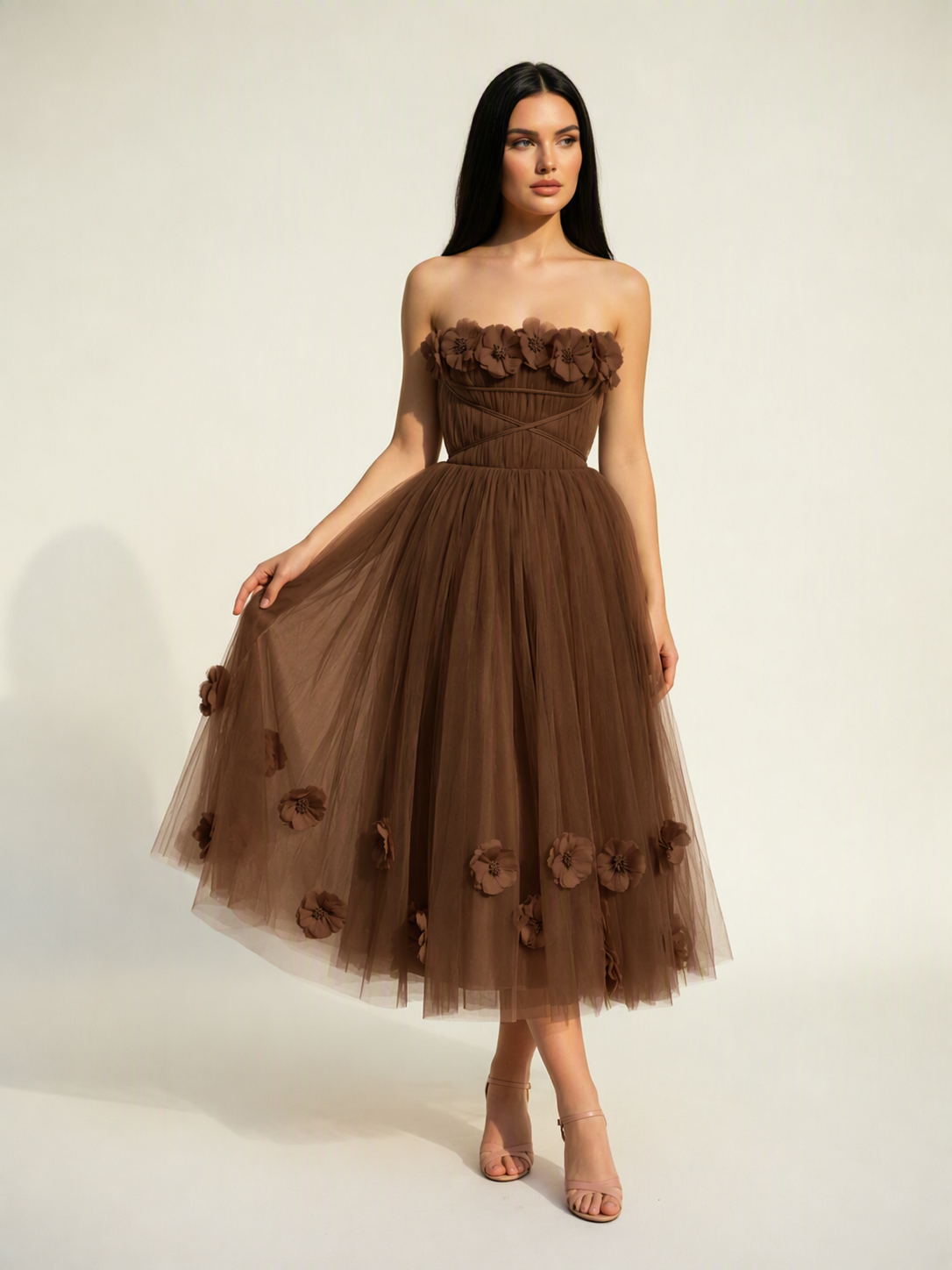 Strapless Tulle Midi Dress with 3D Floral Appliqués, Lace-Up Corset Back
