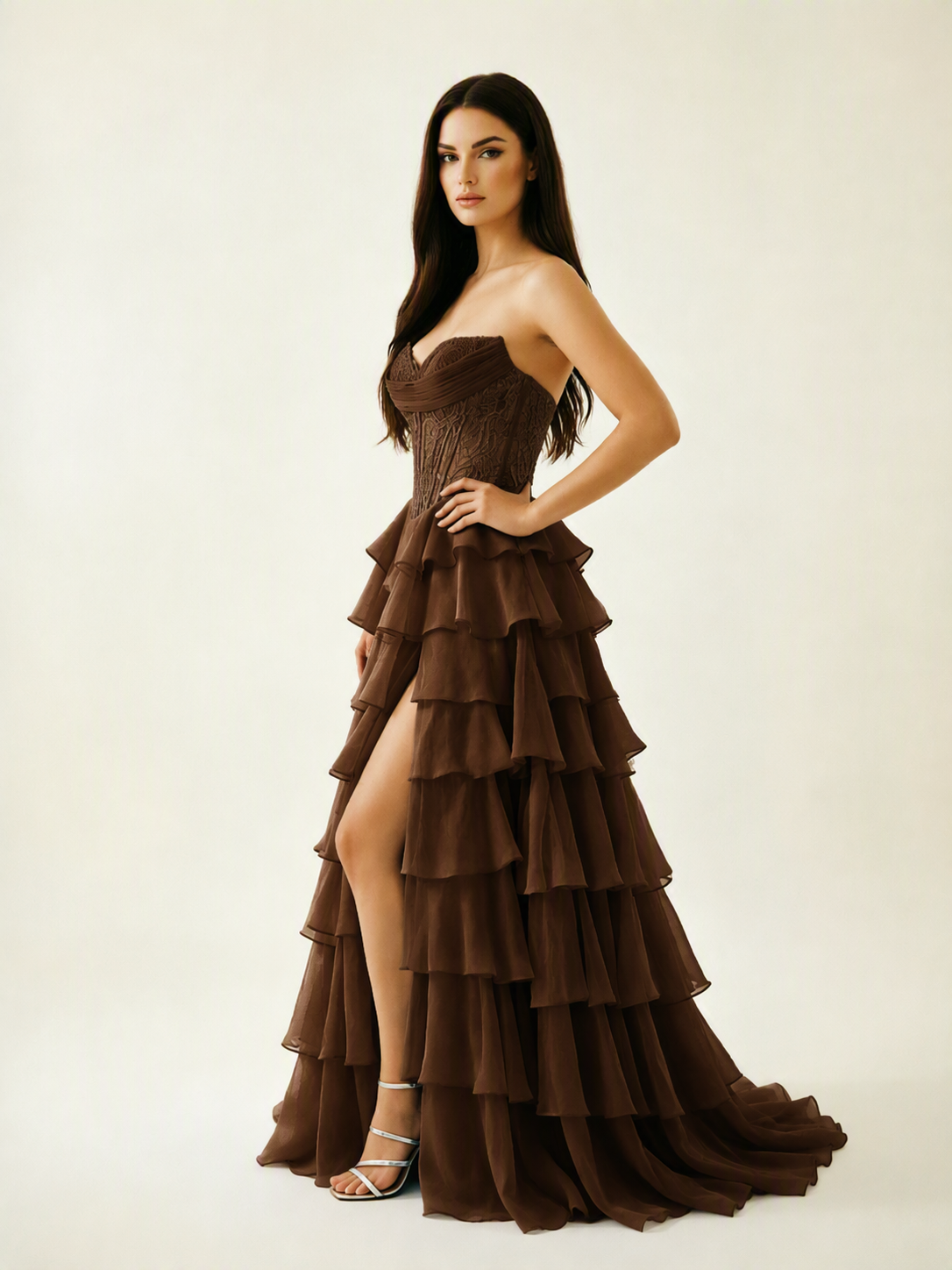 Strapless Lace Corset Tiered High Slit Prom Dress
