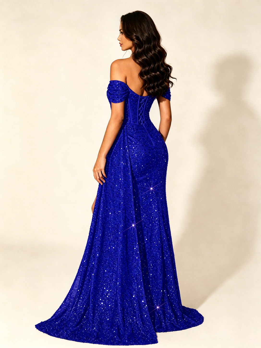 Off Shoulder Sequin High Slit Formal Dress with Train