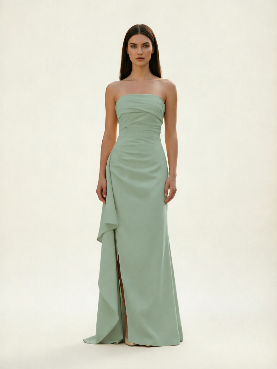 Strapless Mermaid Formal Gown with Side Slit & Draped Detail