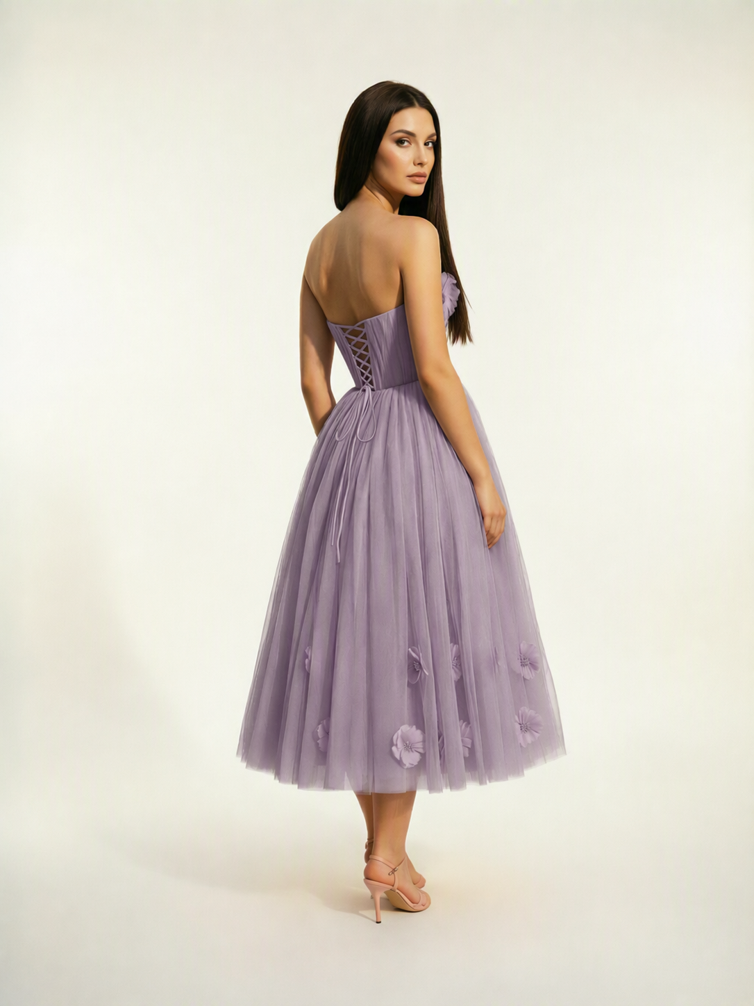 Strapless Tulle Midi Dress with 3D Floral Appliqués, Lace-Up Corset Back
