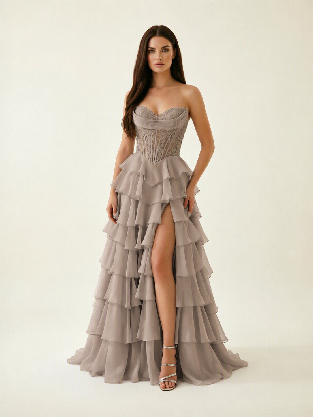 Strapless Lace Corset Tiered High Slit Prom Dress