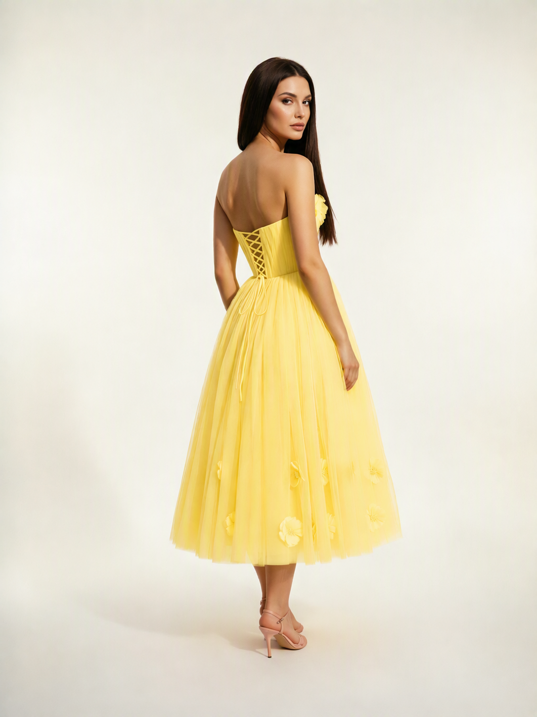 Strapless Tulle Midi Dress with 3D Floral Appliqués, Lace-Up Corset Back
