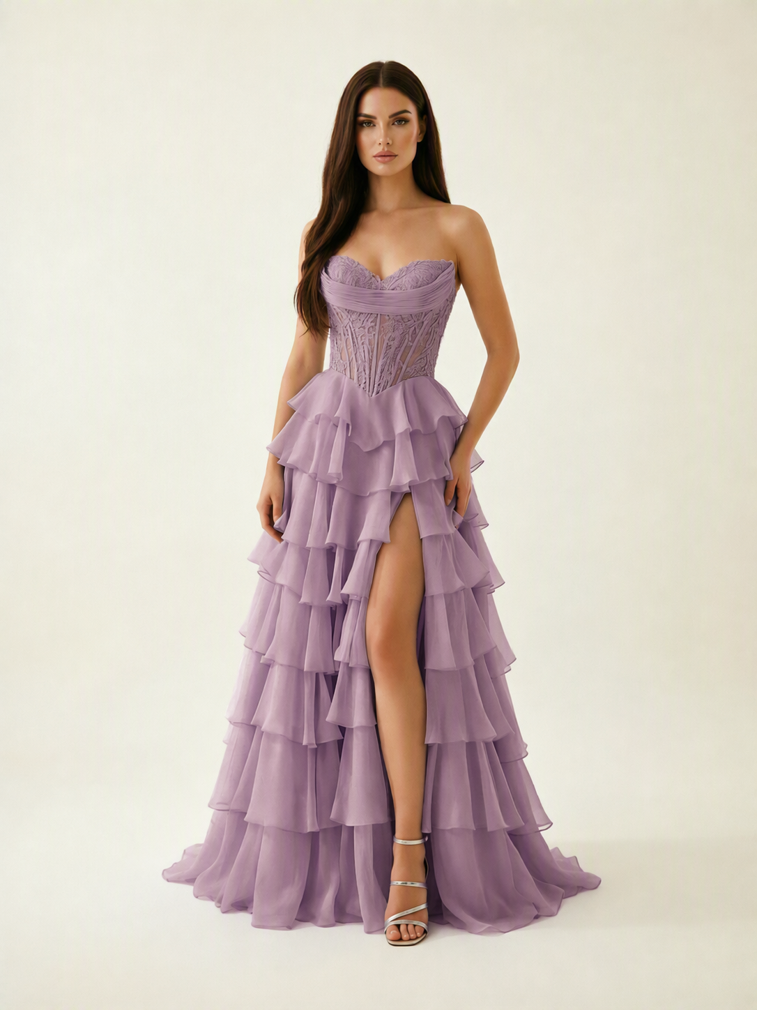 Strapless Lace Corset Tiered High Slit Prom Dress