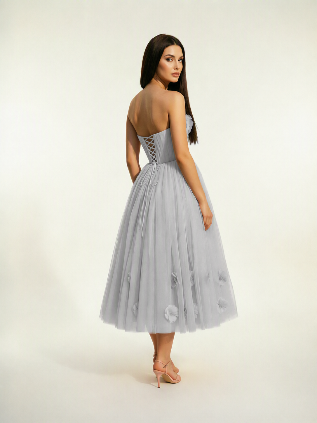 Strapless Tulle Midi Dress with 3D Floral Appliqués, Lace-Up Corset Back
