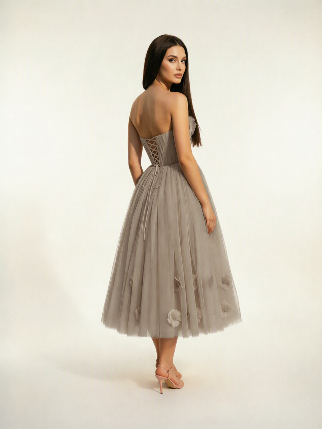 Strapless Tulle Midi Dress with 3D Floral Appliqués, Lace-Up Corset Back