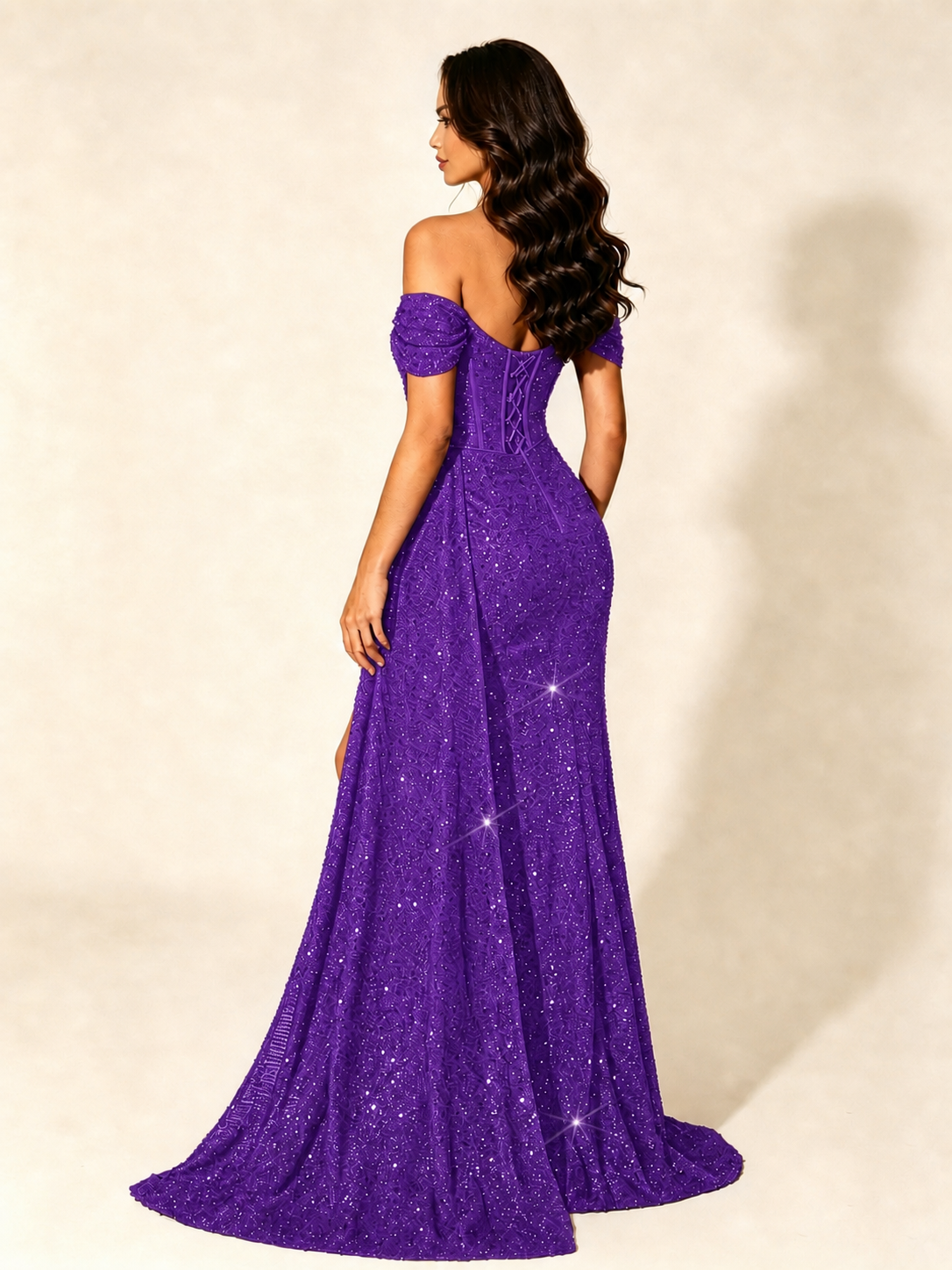 Off Shoulder Sequin High Slit Formal Dress with Train