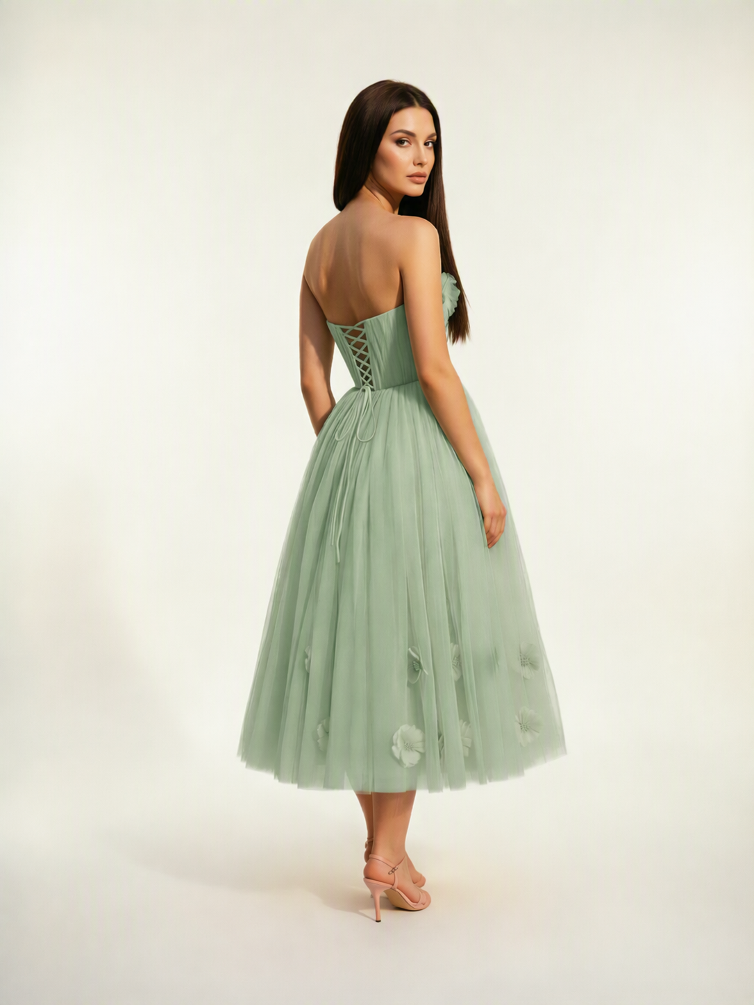 Strapless Tulle Midi Dress with 3D Floral Appliqués, Lace-Up Corset Back