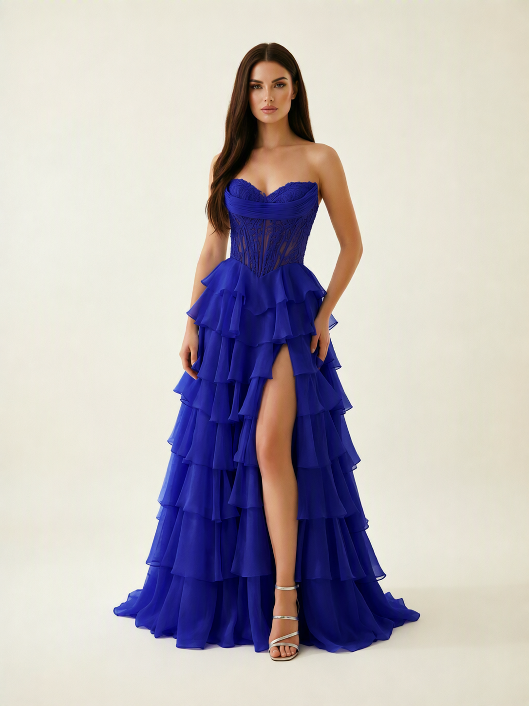 Strapless Lace Corset Tiered High Slit Prom Dress