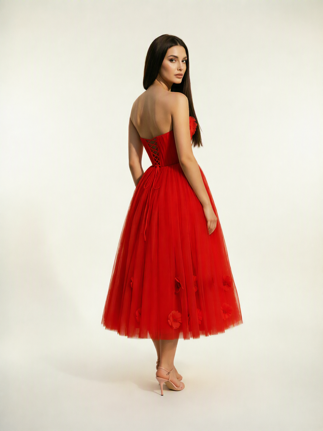 Strapless Tulle Midi Dress with 3D Floral Appliqués, Lace-Up Corset Back