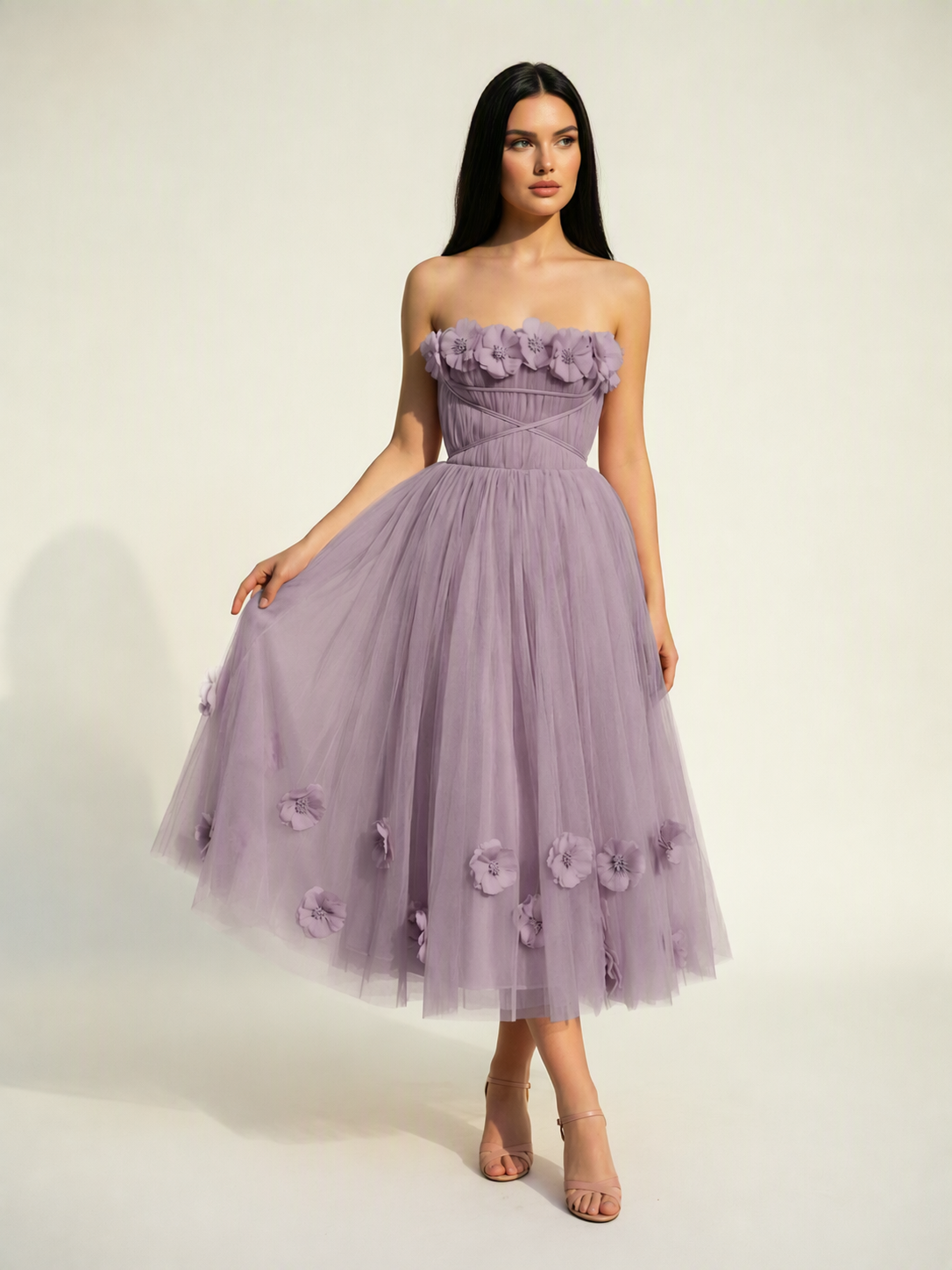 Strapless Tulle Midi Dress with 3D Floral Appliqués, Lace-Up Corset Back