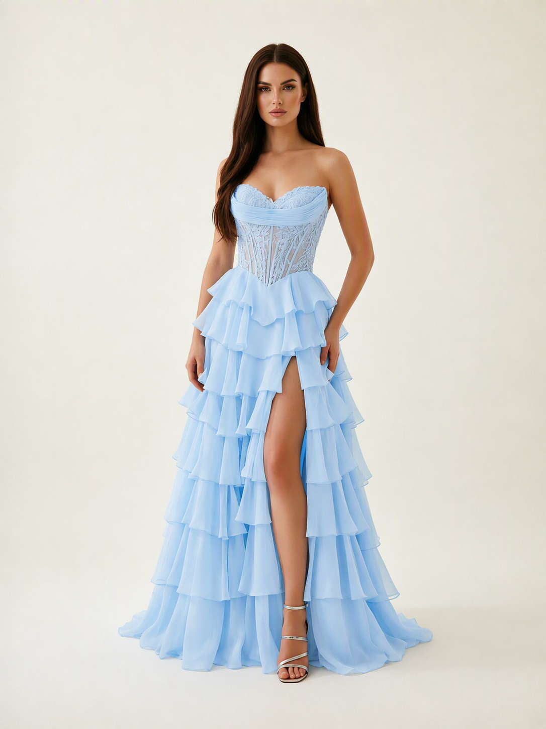 Strapless Lace Corset Tiered High Slit Prom Dress