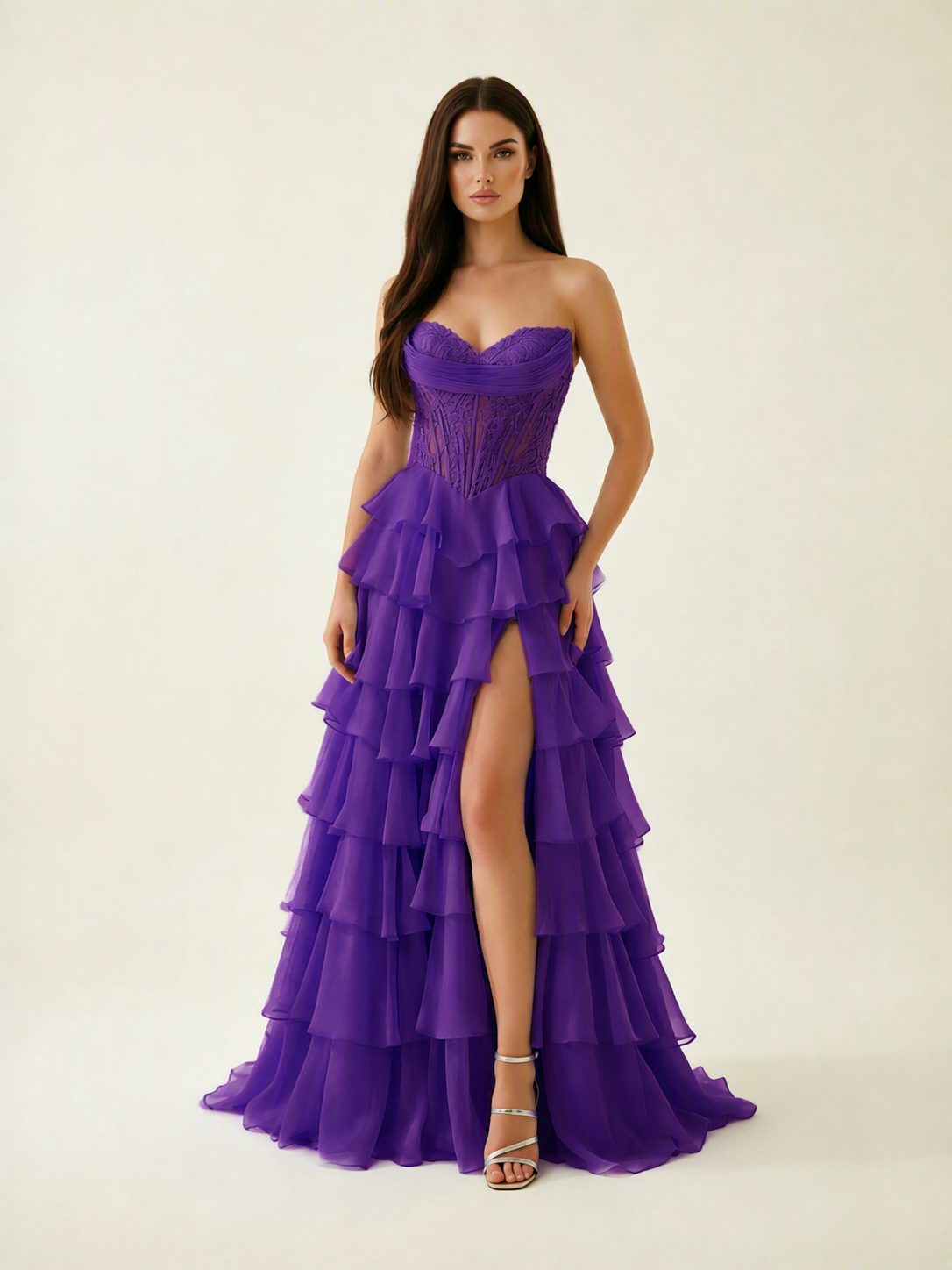 Strapless Lace Corset Tiered High Slit Prom Dress