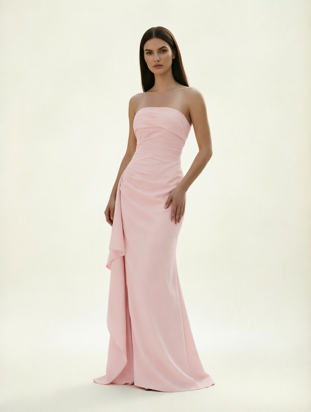 Strapless Mermaid Formal Gown with Side Slit & Draped Detail