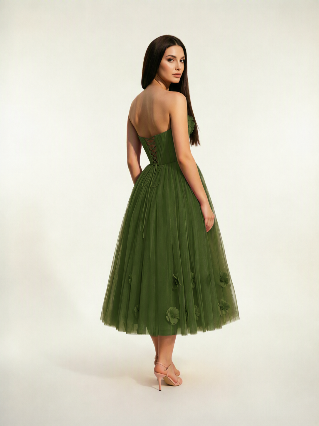 Strapless Tulle Midi Dress with 3D Floral Appliqués, Lace-Up Corset Back