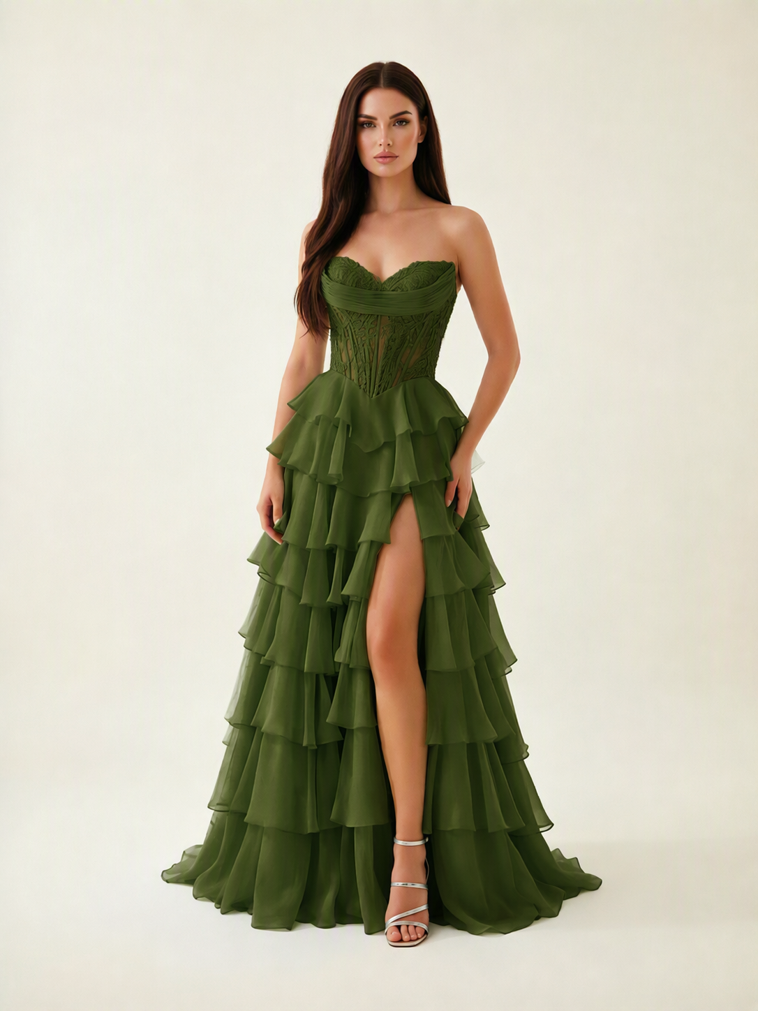 Strapless Lace Corset Tiered High Slit Prom Dress