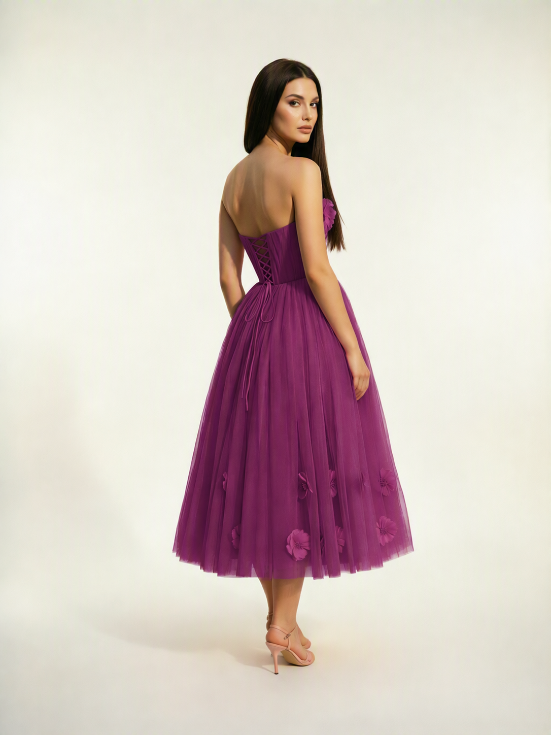 Strapless Tulle Midi Dress with 3D Floral Appliqués, Lace-Up Corset Back