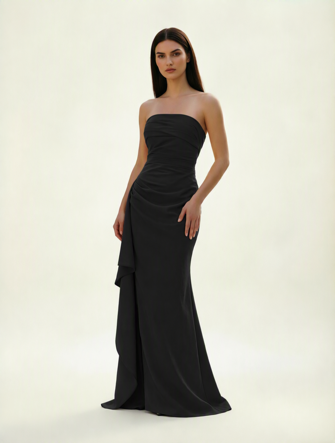 Strapless Mermaid Formal Gown with Side Slit & Draped Detail