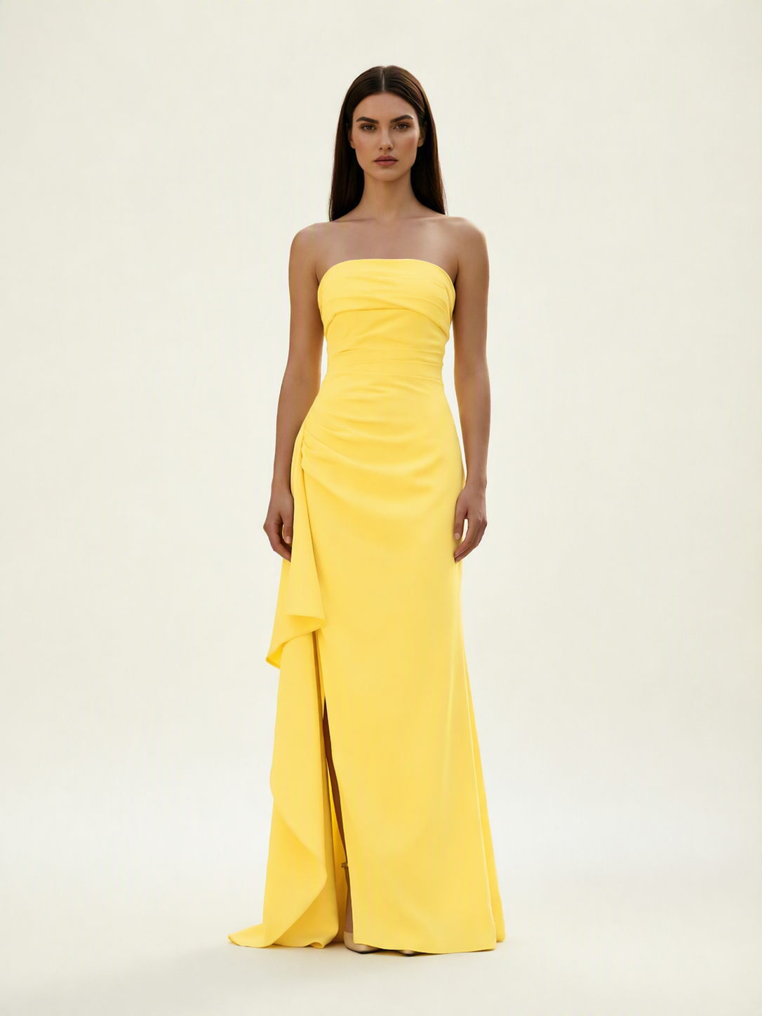 Strapless Mermaid Formal Gown with Side Slit & Draped Detail