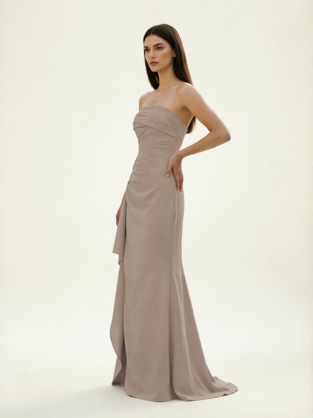 Strapless Mermaid Formal Gown with Side Slit & Draped Detail