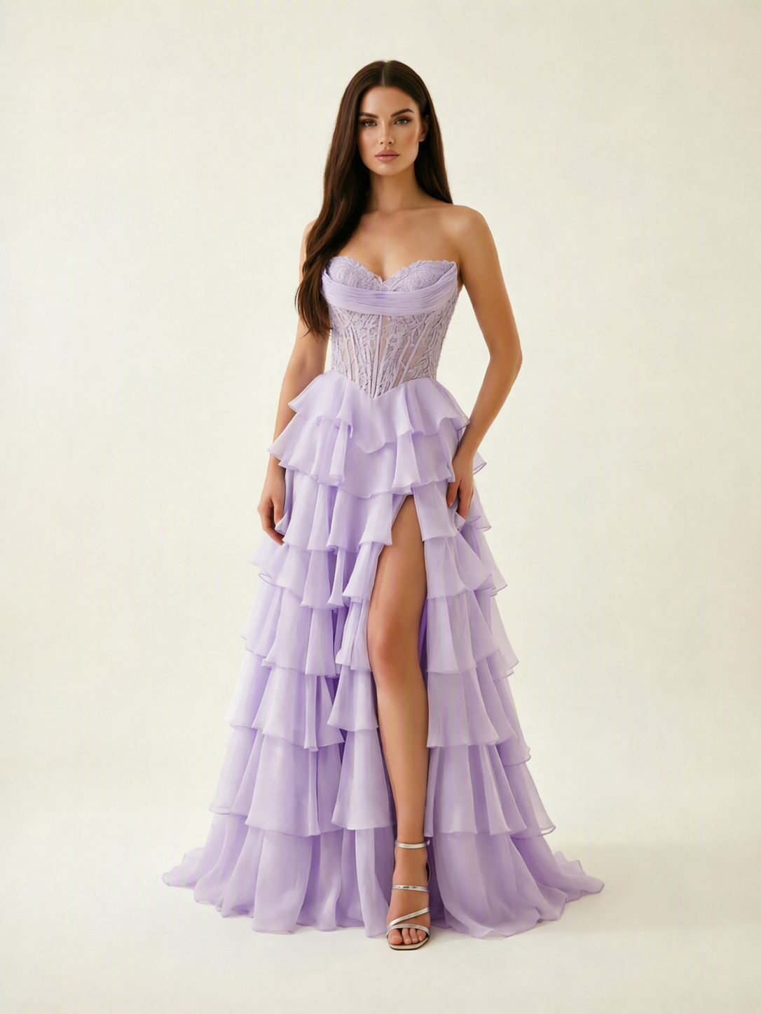 Strapless Lace Corset Tiered High Slit Prom Dress