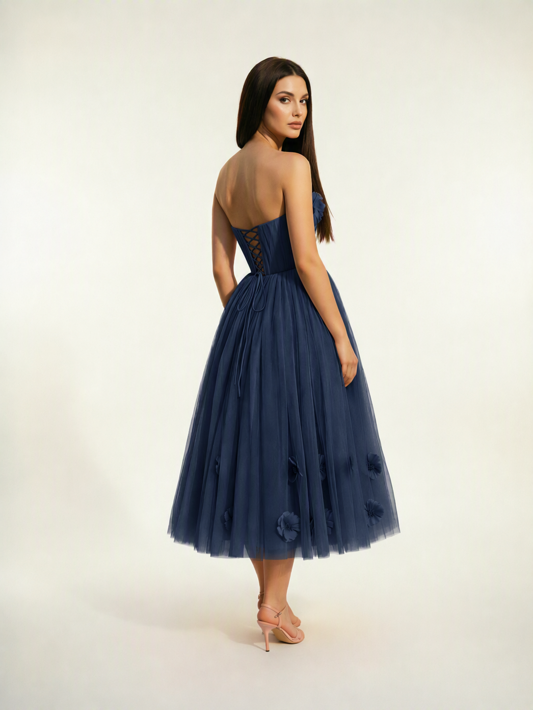 Strapless Tulle Midi Dress with 3D Floral Appliqués, Lace-Up Corset Back