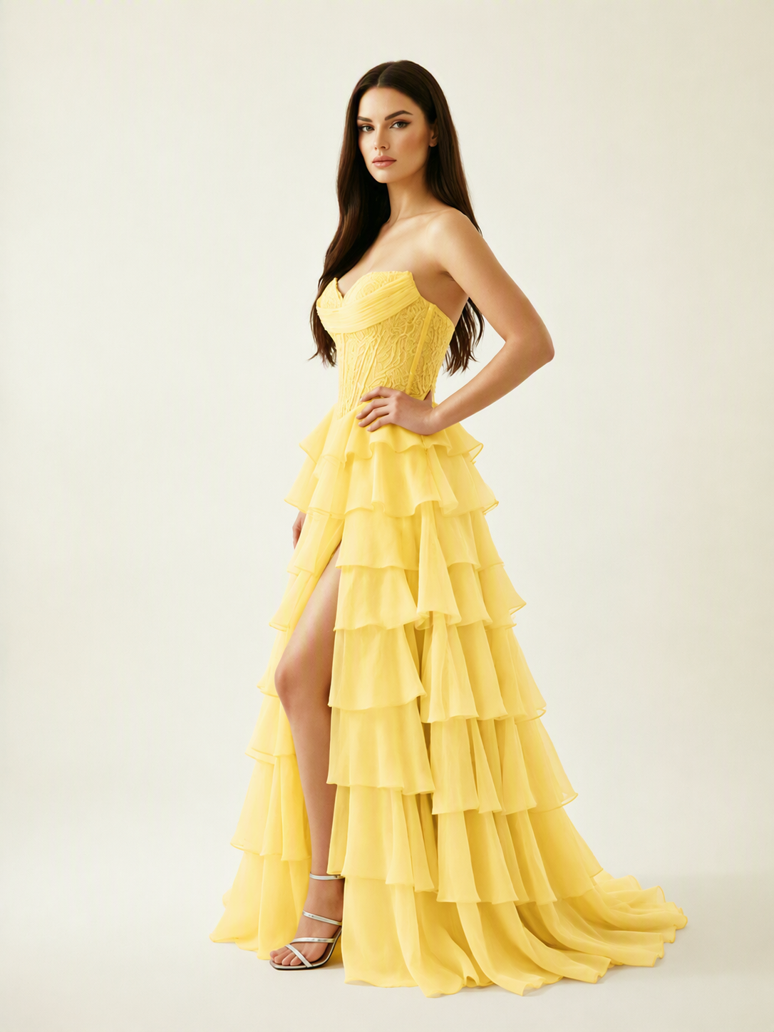 Strapless Lace Corset Tiered High Slit Prom Dress