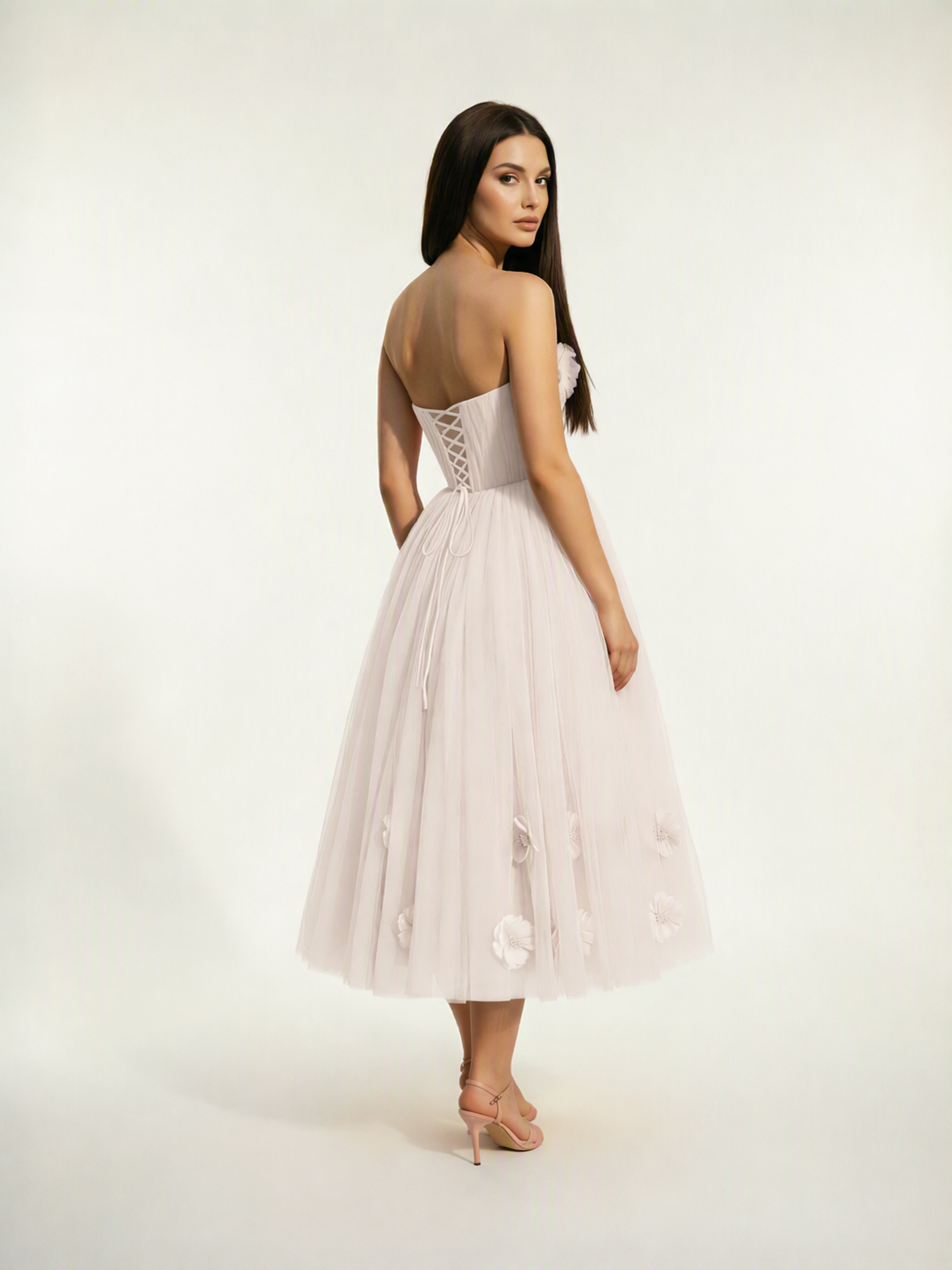 Strapless Tulle Midi Dress with 3D Floral Appliqués, Lace-Up Corset Back