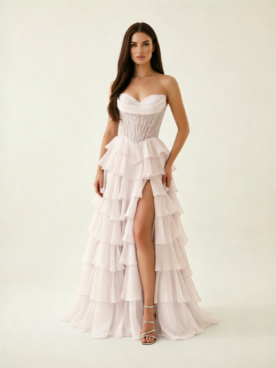 Strapless Lace Corset Tiered High Slit Prom Dress