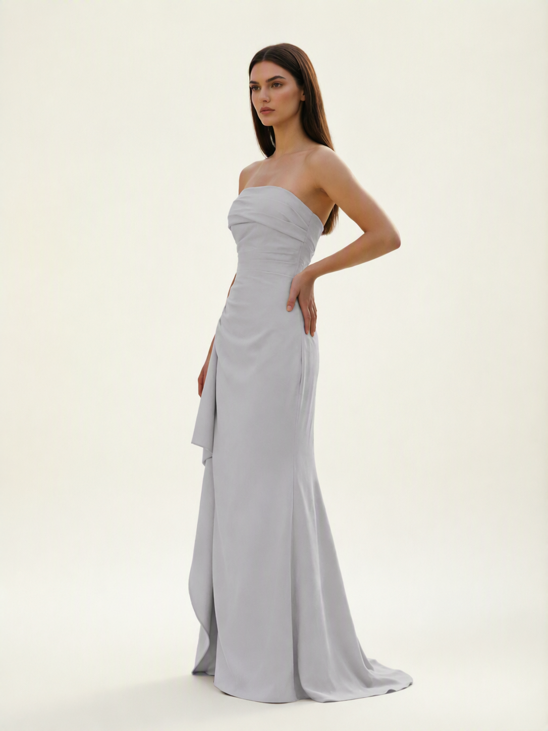 Strapless Mermaid Formal Gown with Side Slit & Draped Detail