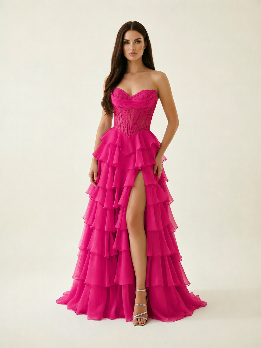 Strapless Lace Corset Tiered High Slit Prom Dress
